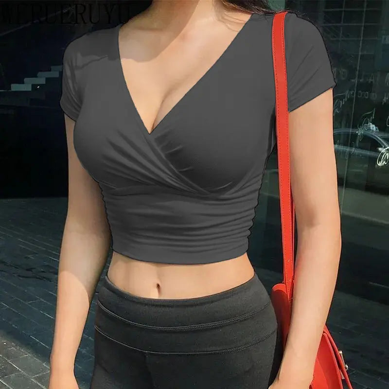 Black Sexy V-neck T-shirt Short Sleeve Women