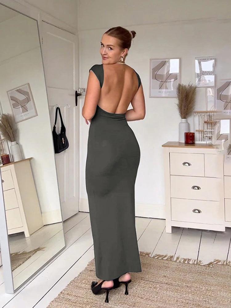 Solid Sexy Backless Maxi Dress Women