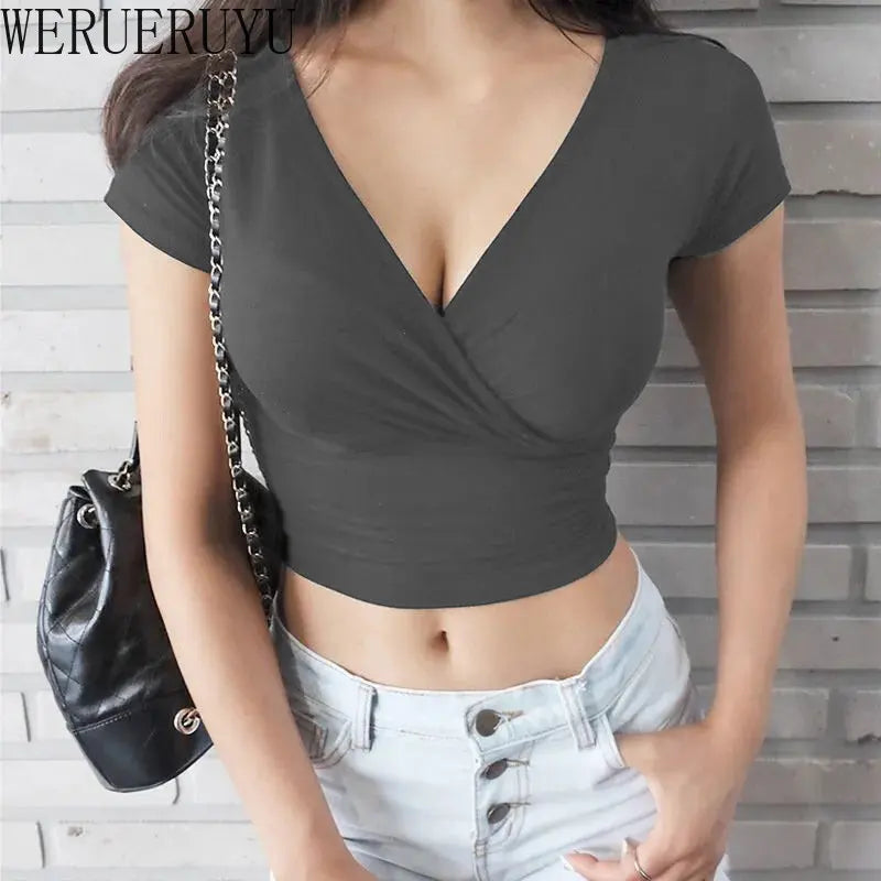 Black Sexy V-neck T-shirt Short Sleeve Women